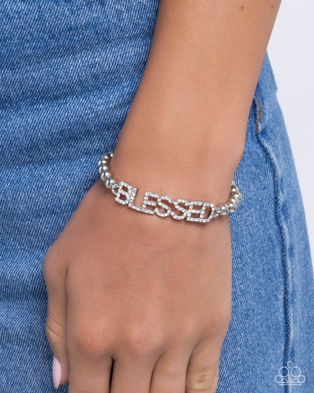 BLESSED BOUNTY - WHITE RHINESTONE AFFIRMATION SILVER STRETCHY BRACELET #I065